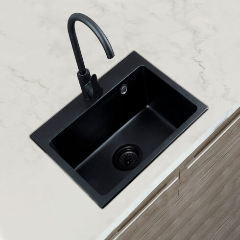 PILETA SIMPLE DE CUARZO RECTANGULAR COLOR NEGRO MATE 50x43x20 CM INCL VALVULA 000