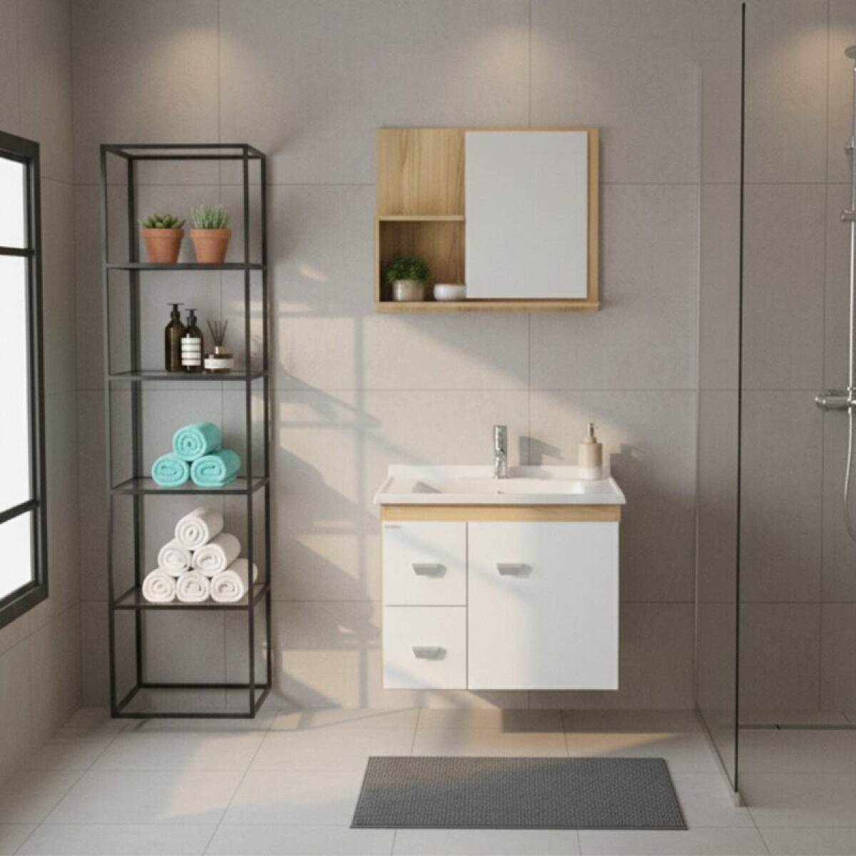 Mueble de Baño Suspendido SMART 56 cm | Bicolor Blanco/Carvalho con 2 Cajones y Espejo 
