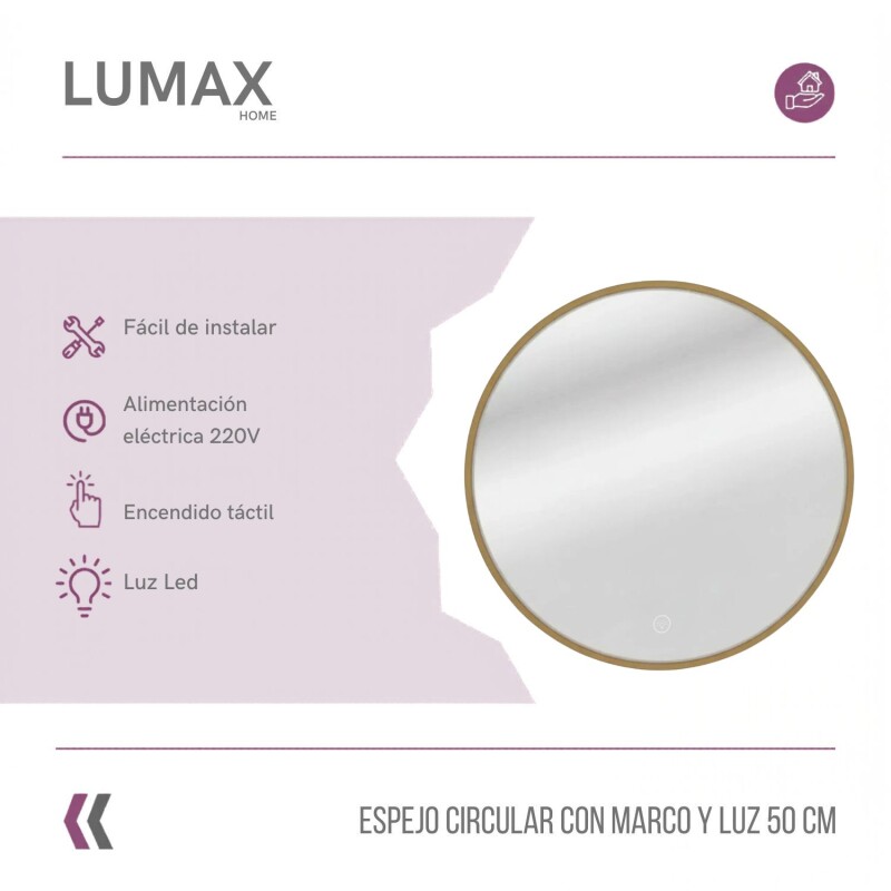 Espejo Lumax Doddy redondo con marco y luz 50cm Dorado