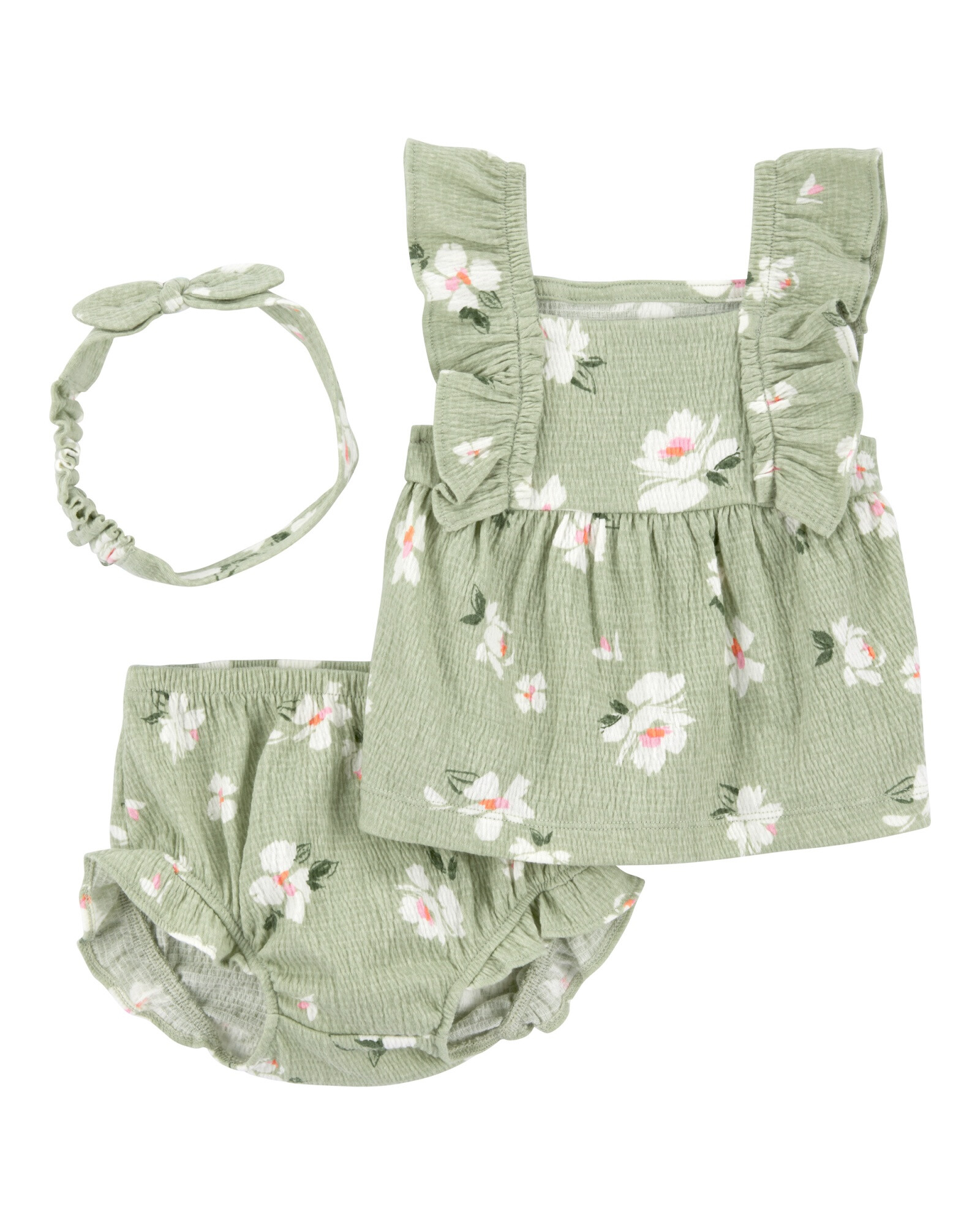 Set tres piezas de jersey arrugado, short, blusa y vincha, diseño floral Sin color