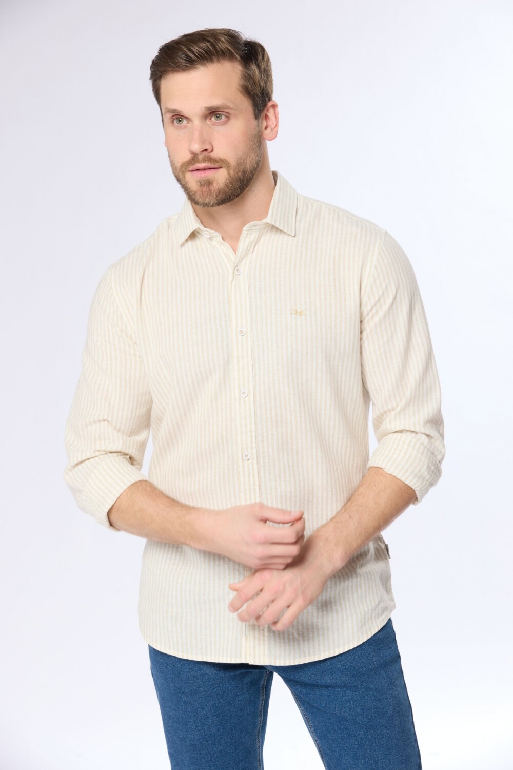 CAMISA DE LINO RAYADA Beige