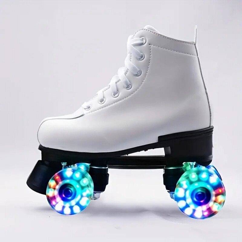Patines 4 Ruedas Artístico Con Luces Bota De Cuero Blanca Blanco