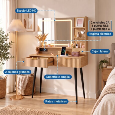 TOCADOR MAQUILLAJE MODERNO ESPEJO LUZ LED + ENCHUFE 3 CAJONES REPISAS ORGANIZADORAS PATAS METÁLICAS RÚSTICO