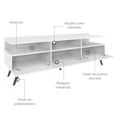 Rack de TV 914 Diseño Espacioso para TV de hasta 65" Cajones Discretos y Patas Estables en Polipropileno Blanco