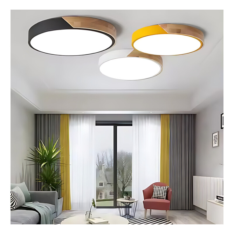Luminaria Plafon Led Diám 30cm Metal Y Madera Luz cálida Negro