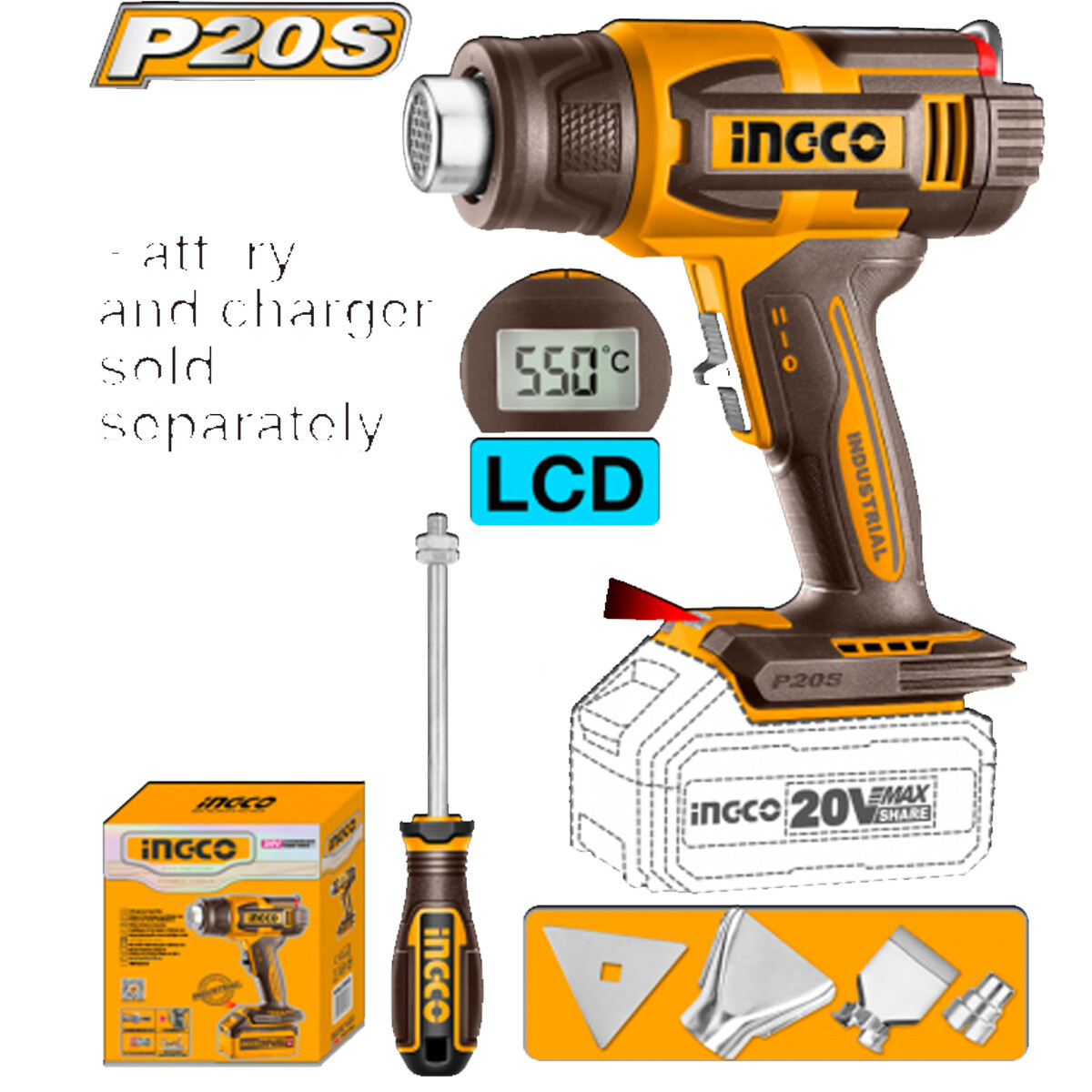 PISTOLA DE CALOR 20V REGULABLE SIN BATERIA INGCO HGLI2003 - AMARILLO 