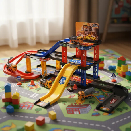 Pista de Vehículos Construcción 39Pzas Rampas Accesorios Amarillo