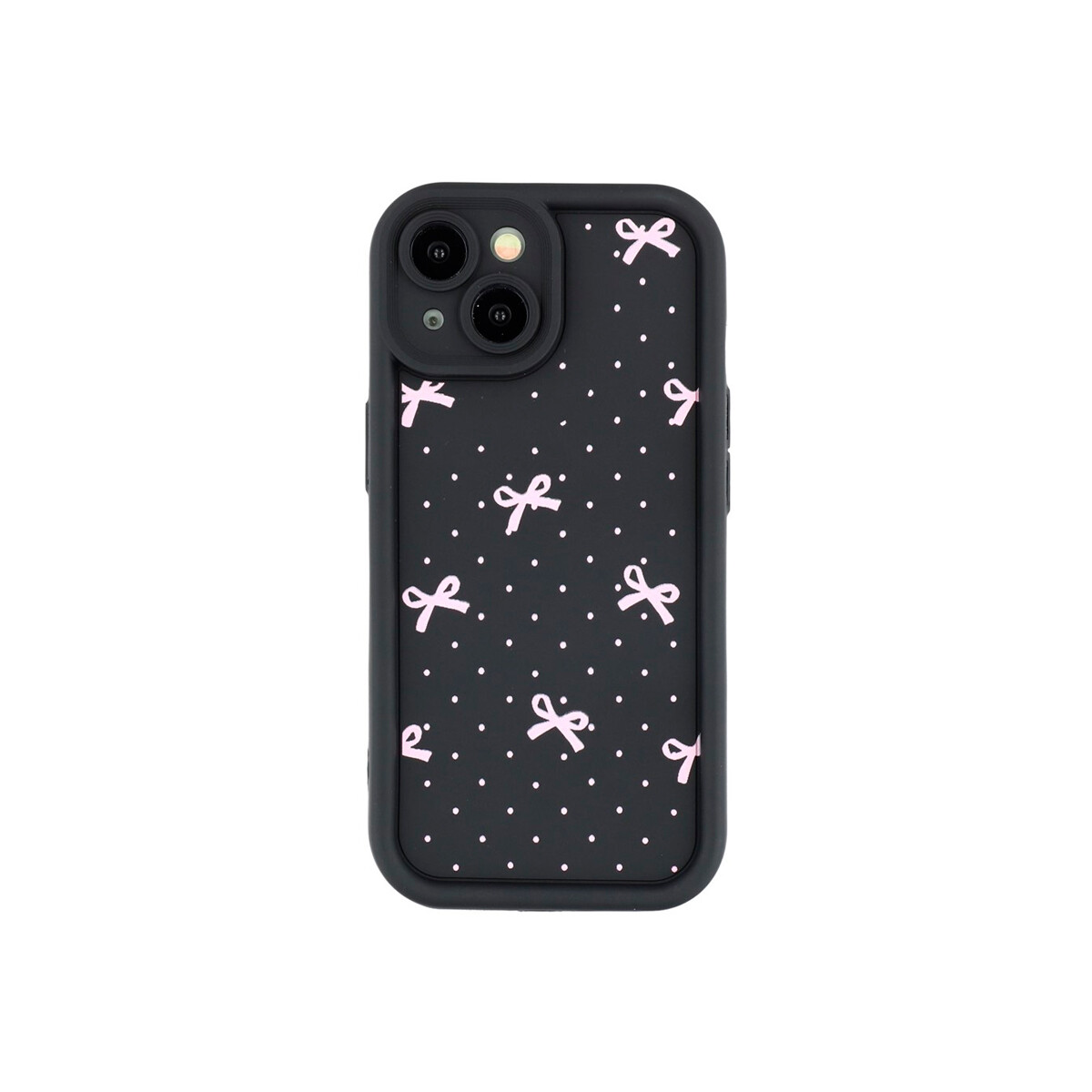 Protector para iPhone 13/14 color negro diseño moñas 
