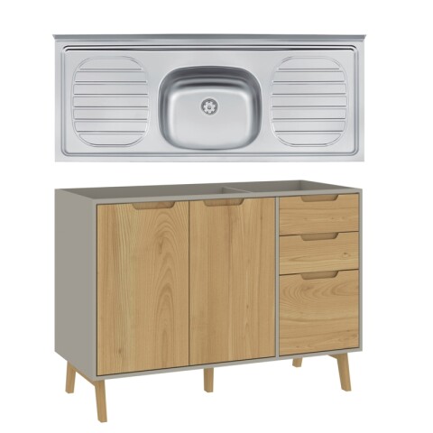 Kit de Cocina Bajo Mesada Melilla Cinza con 3 Puertas de Madera y 2 Cajones y Pileta Tramontina Central Kit de Cocina Bajo Mesada Melilla Cinza con 3 Puertas de Madera y 2 Cajones y Pileta Tramontina Central