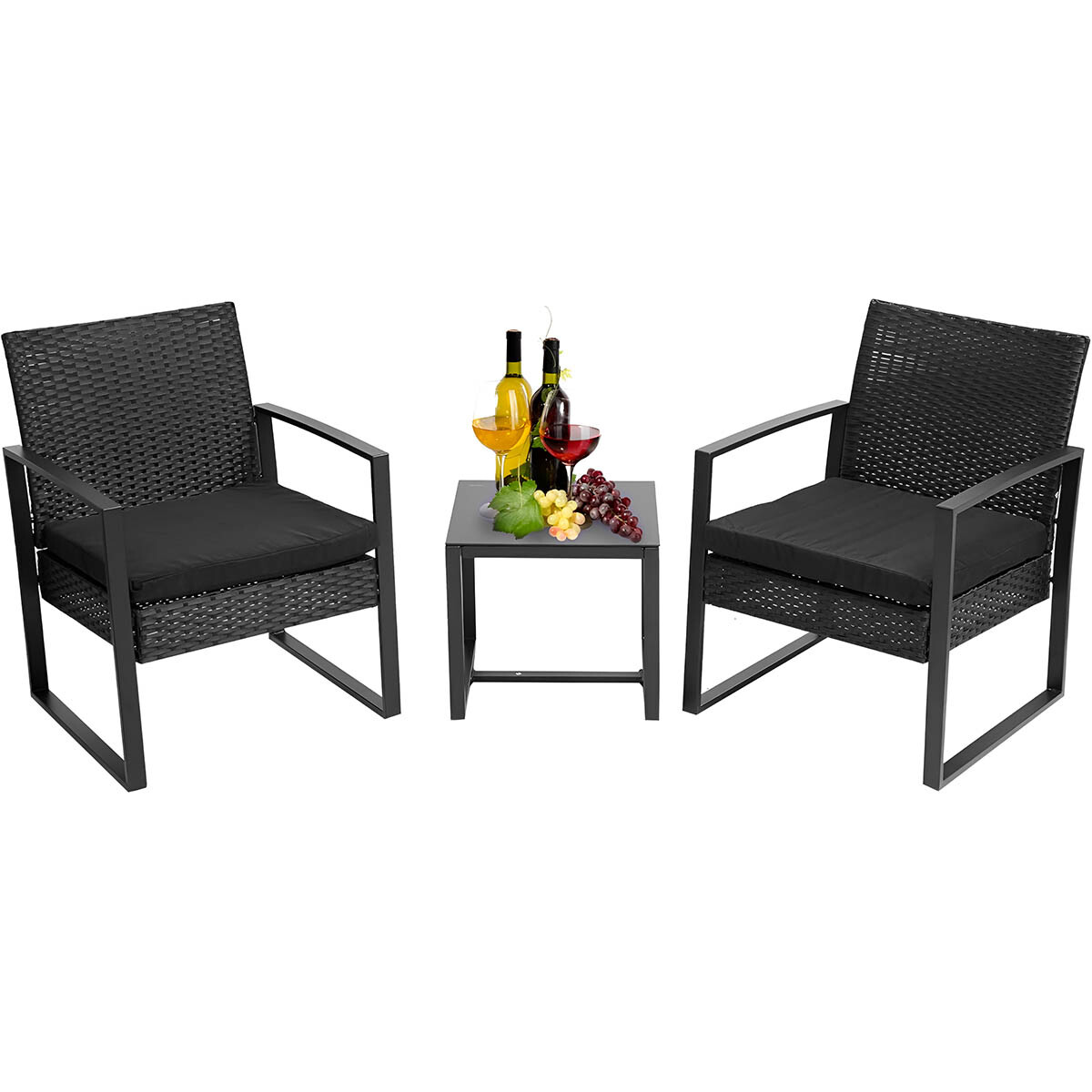 Set Juego Jardín Ratán X2 Sillas + Mesa Patio Balcón - Negro 