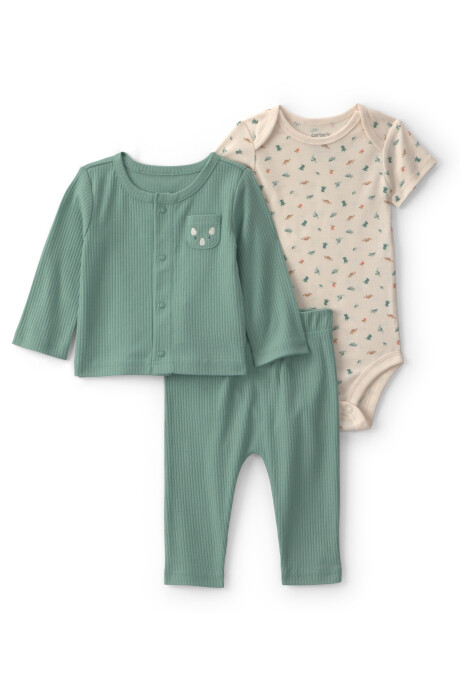 Set tres piezas de algodón, pantalón, body saco, verde y crema, diseño dinos Set tres piezas de algodón, pantalón, body saco, verde y crema, diseño dinos