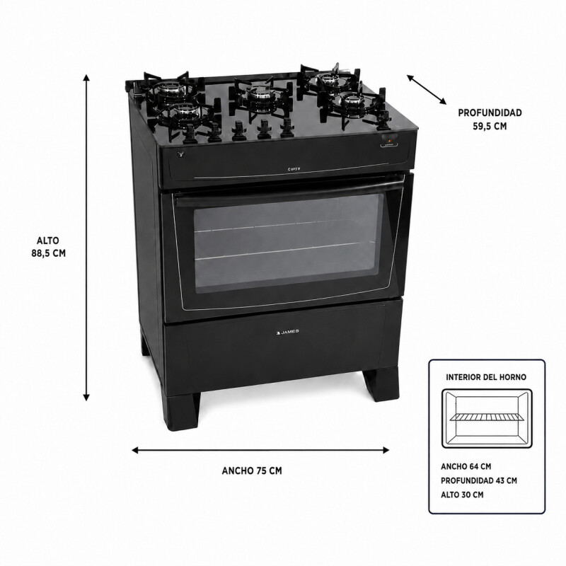 Cocina A Gas James 5 Hornallas Negra Con Mesada De Vidrio Negra C 695 V Cocina A Gas James 5 Hornallas Negra Con Mesada De Vidrio Negra C 695 V