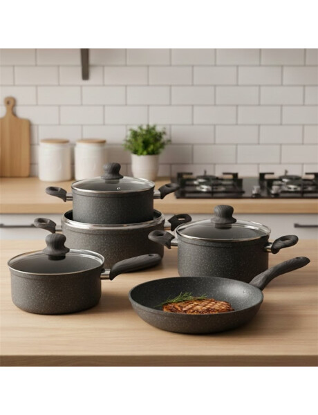 BATERIA DE COCINA 7PZAS ANTIADHERENTE ALUM. GRANITO GRIS BATERIA DE COCINA 7PZAS ANTIADHERENTE ALUM. GRANITO GRIS