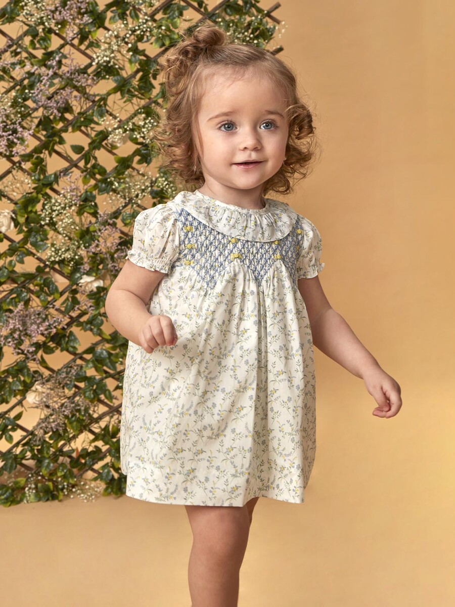 Vestido De Florecitas Con Nido De Abeja Azul