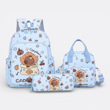 Kit Escolar Capibara Mochila + Cartuchera + Lonchera Celeste