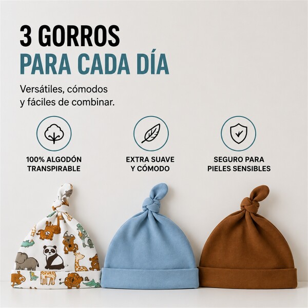 Set X3 Gorros para Bebé 100% Algodón con Nudo Celeste 1