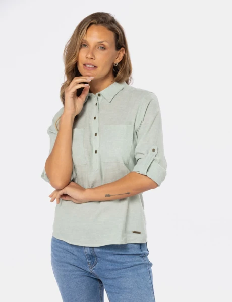 CAMISA DE LINO MEDIO BOTÓN Verde