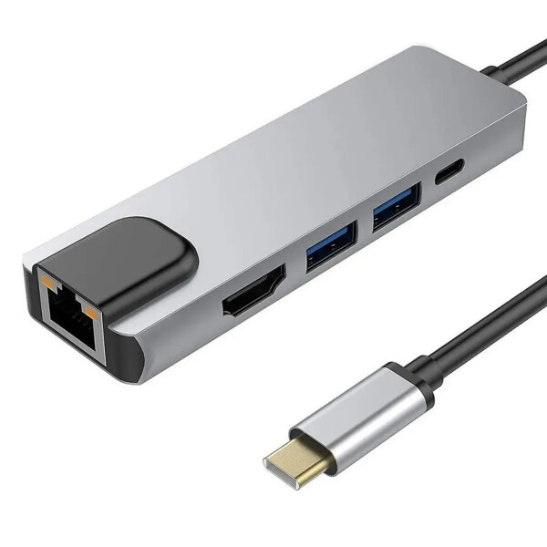 Adaptador Hub Tipo C 5 en 1 Ethernet HDMI 4K 2 USB 3.0 Mac Color Gris
