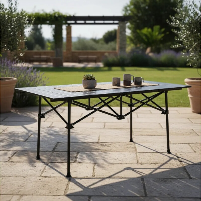 Mesa Plegable Exterior Jardín Camping Símil Madera Aluminio Negro