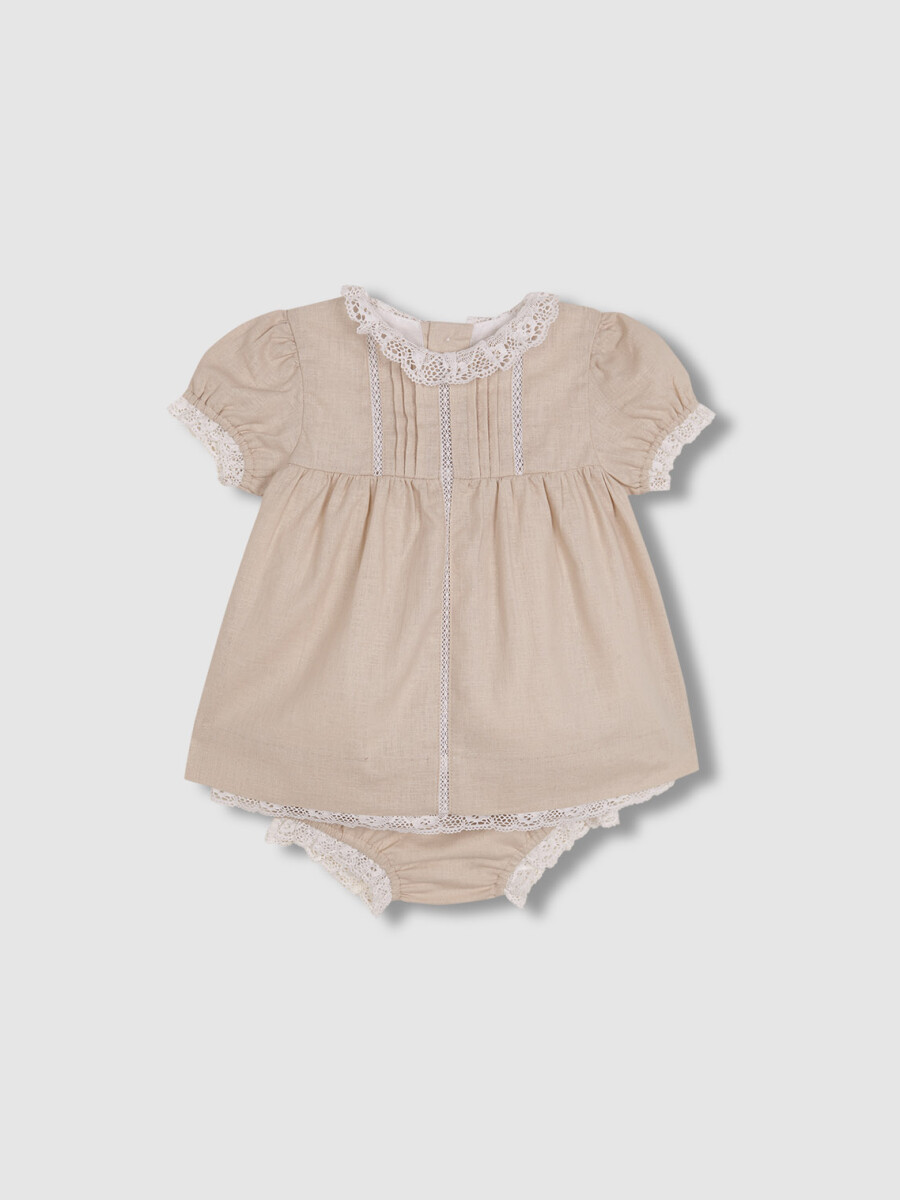 Vestidode Lino Con Tiras Bordadas Marron