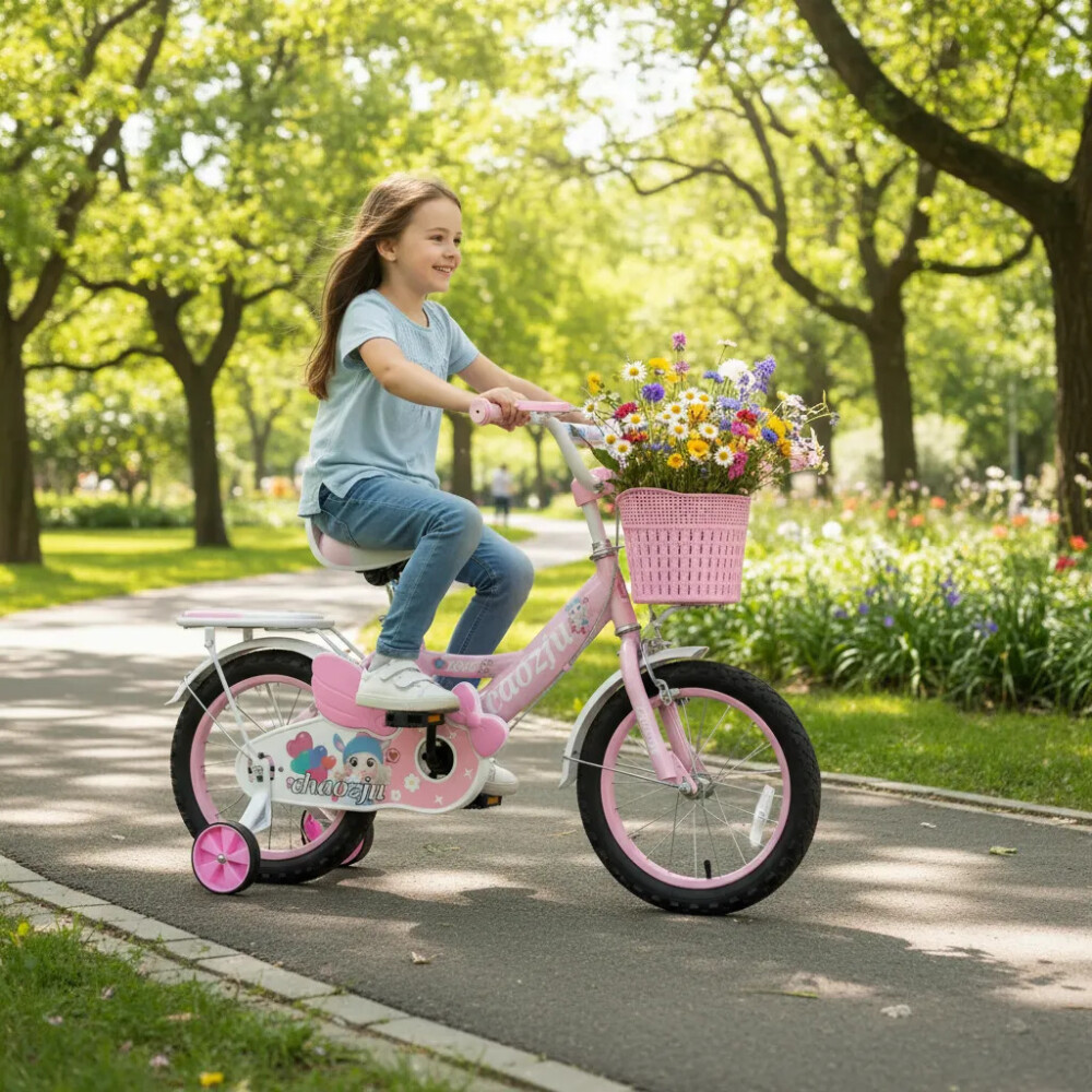 Bicicleta rodado 16 con rueditas, canasto y asiento trasero. Rosa