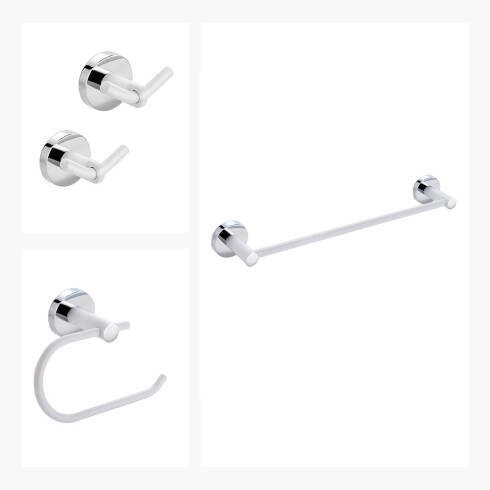 SET DE ACCESORIOS DE BAÑO INCLUYE 2 PERCHAS DOBLES, PORTARROLLO Y TOALLERO 000