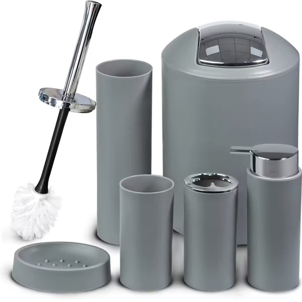 Set de baño 6 pz Gris y cromo (papelera-dispensadores) Set De Baño 6 Pz Gris Y Cromo (papelera-dispensadores)