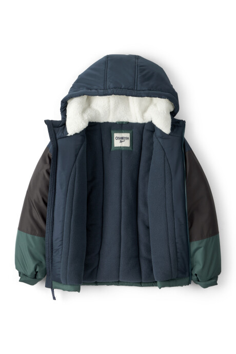 Campera resistente al agua, diseño bloques de color azul, negro y verde. Talles 4-7 Sin color