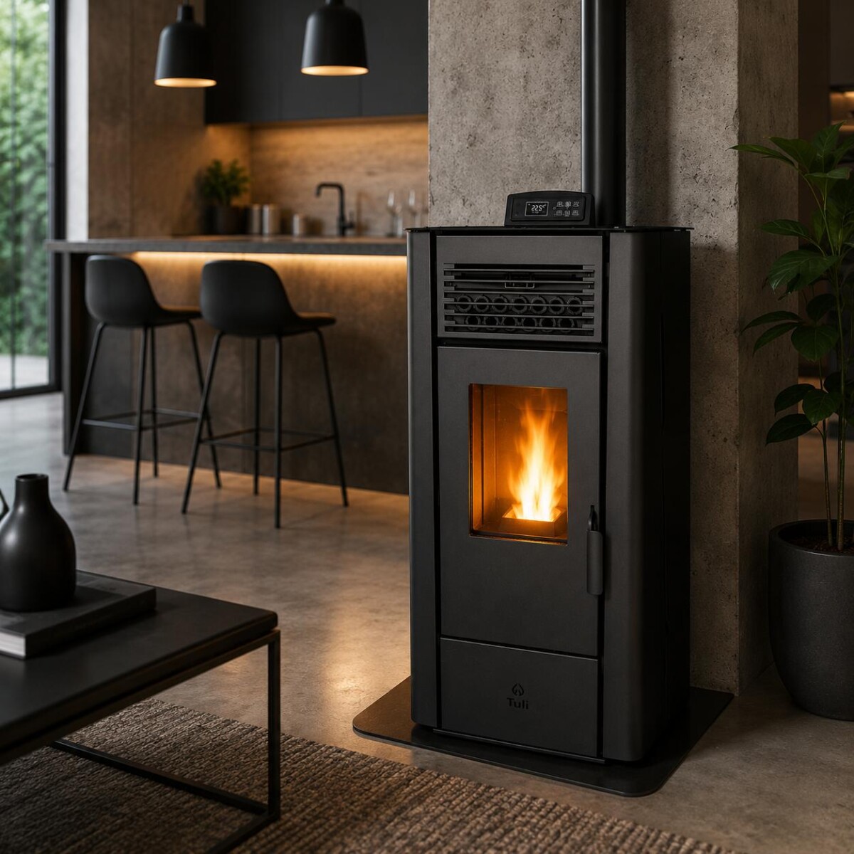 Calefactor Selma a pellet WiFi - con Kit de techo 10kW - Negro 