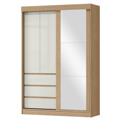 Ropero Armario Bagdá Puertas Mixtas 2 Batientes y 1 Corrediza 3 Cajones Estantería y Espejo - Castaño Off White Ropero Armario Bagdá Puertas Mixtas 2 Batientes y 1 Corrediza 3 Cajones Estantería y Espejo - Castaño Off White