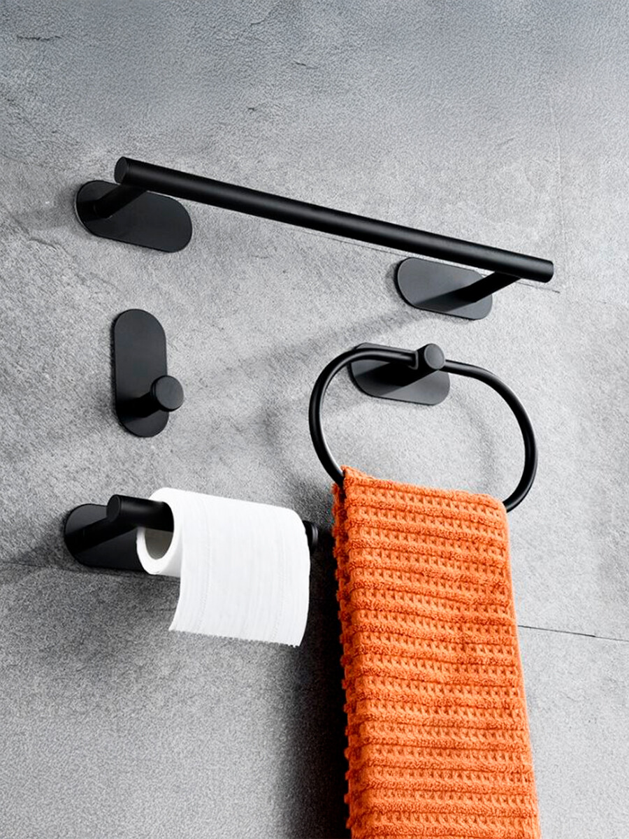 TOALLERO GANCHOS Y PORTAROLLO SET X 4 - NEGRO 