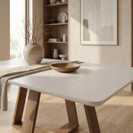 Mesa de comedor Avena - Con vidrio - 135 Canela y Off White