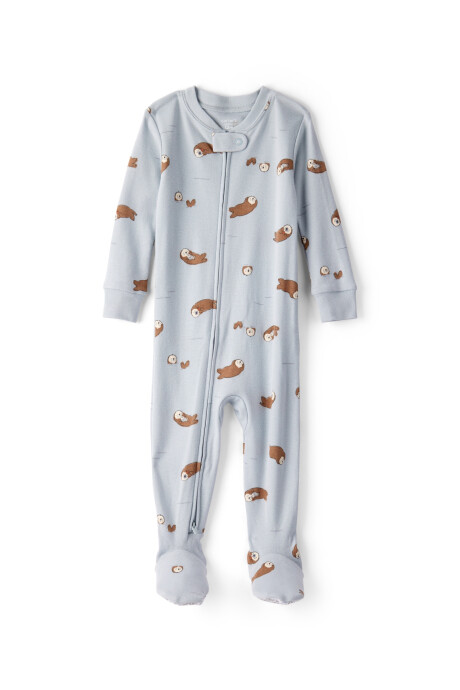 Pijama una pieza de algodón, con pie, gris, diseño nutrias Sin color
