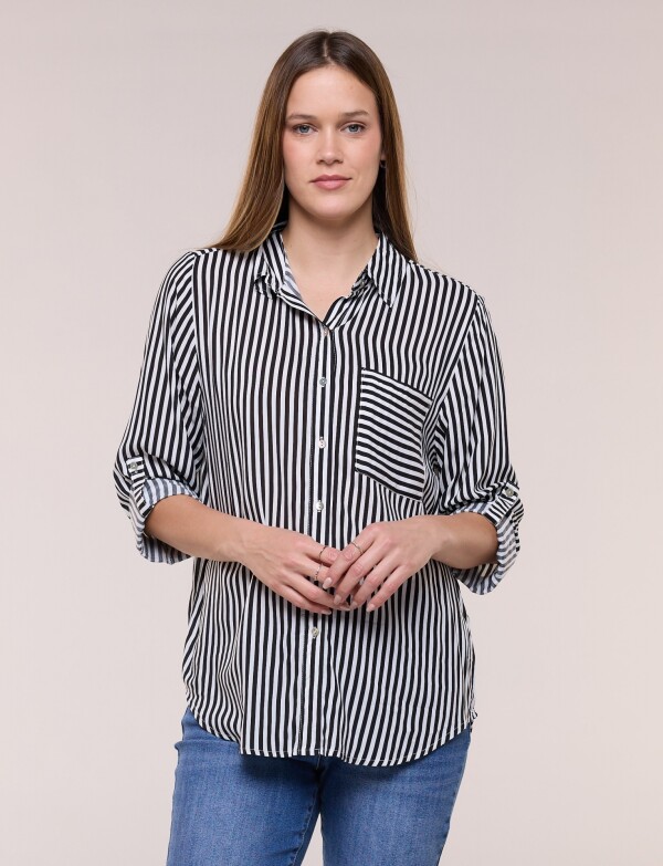 Camisa Clásica Rayada Con Mangas Arremangables NEGRO