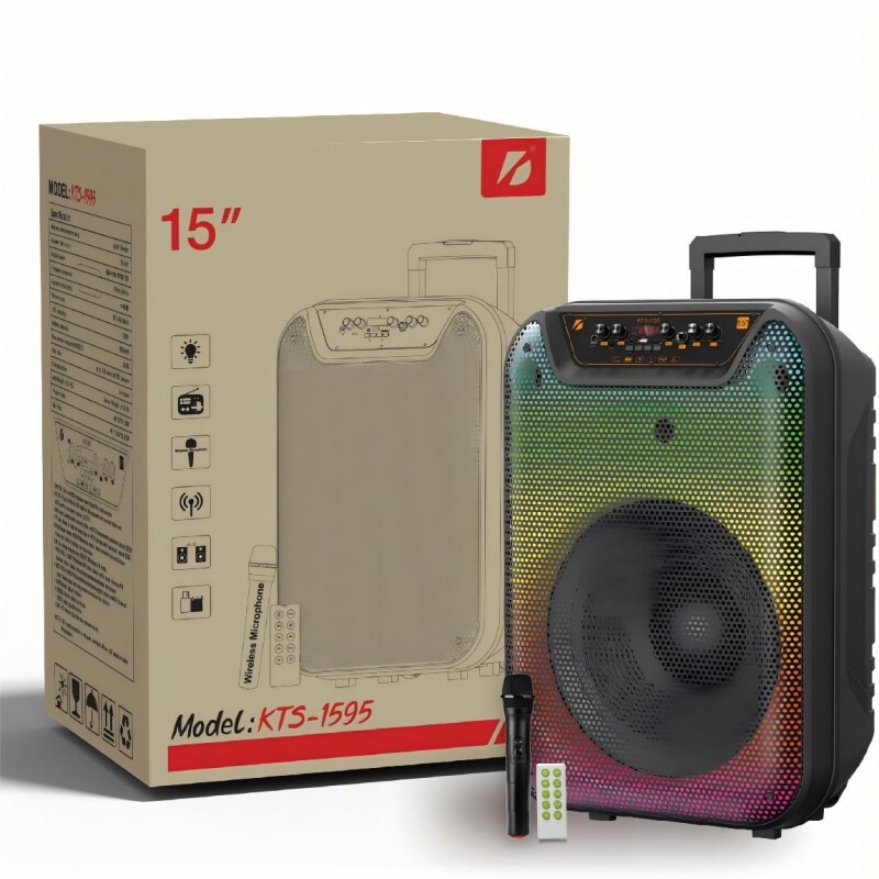Parlante bluetooth KTS1595 15" luces LED con ruedas, control y micrófono Parlante bluetooth KTS1595 15" luces LED con ruedas, control y micrófono