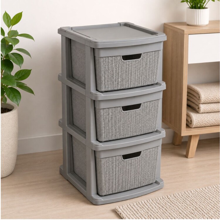 Cajonera Gavetero Estante simil Rattan 3 Cajones Gris Cajonera Gavetero Estante simil Rattan 3 Cajones Gris