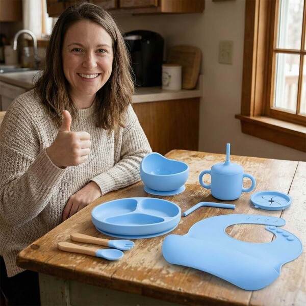 Set Alimentación Bebé Platos Silicona Libre Bpa 10 Piezas Color Celeste