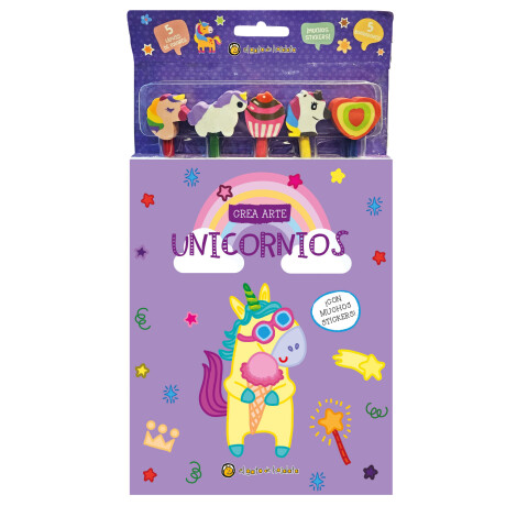 Set Crea Arte Lápices Borradores Stickers UNICORNIOS