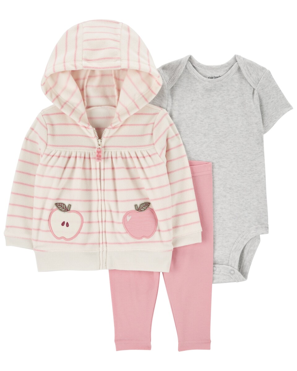Set tres piezas, campera de micropolar, pantalón y body de algodón, diseño manzana 