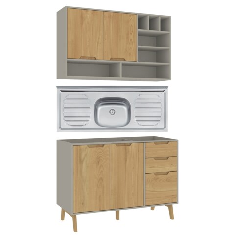 Combo de Cocina Wood Melilla Bajo Mesada Pileta Central y Aéreo con Piezas de Madera - Cinza Combo de Cocina Wood Melilla Bajo Mesada Pileta Central y Aéreo con Piezas de Madera - Cinza