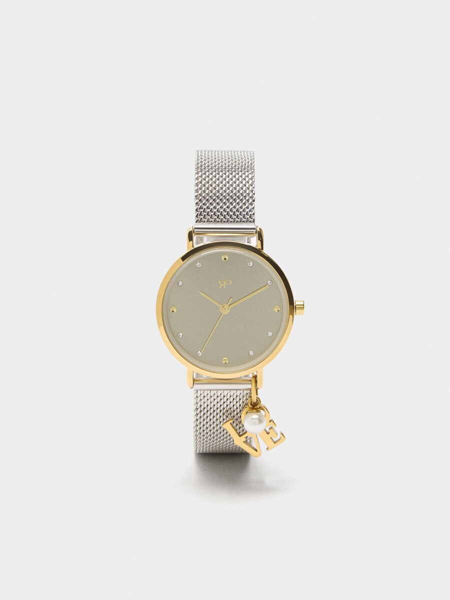 Reloj Bicolor De Punto Metálico Con Charm bicolor