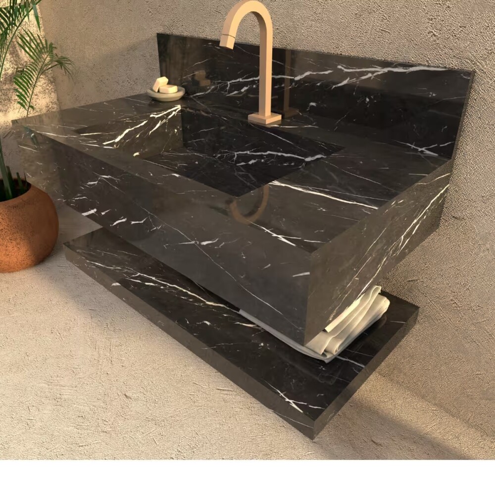 Mueble de baño suspendido de porcelanato negro 84 cm con bacha incorporada y estante flotante Mueble De Baño Suspendido De Porcelanato Negro 84 Cm Con Bacha Incorporada Y Estante Flotante