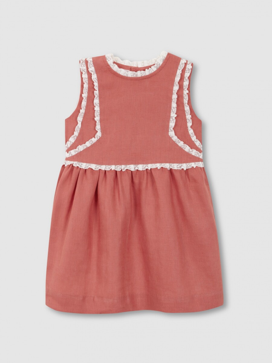 Vestido Lino Con Tiras Bordadas En Contr Fresa Claro