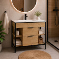 MUEBLE DE BAÑO 2 CAJONES Y ESTANTES VANITY MARRÓN CON BACHA BLANCA Mueble De Baño 2 Cajones Y Estantes Vanity Marrón Con Bacha Blanca
