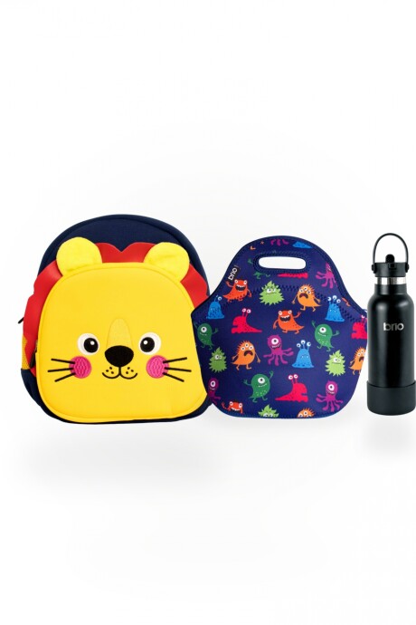 Set de mochila infantil animales de neopreno, lunchera de neopreno y botella de acero inoxidable 500ml brio set-monstruos