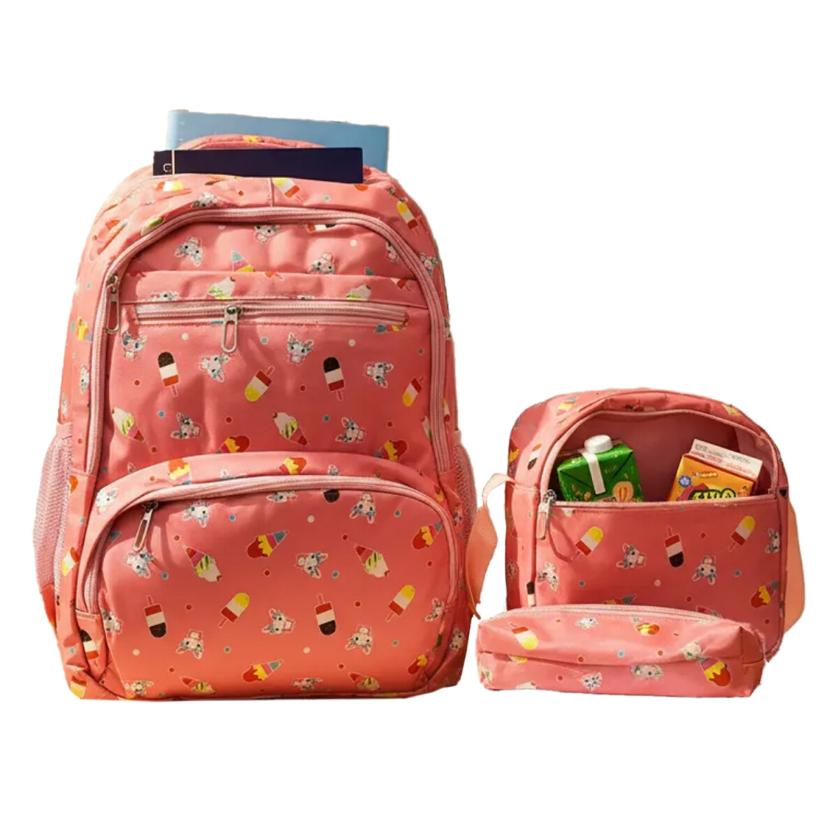 Set Mochila 3 Piezas Estampado Helados Escolar Resistente - Rosa 