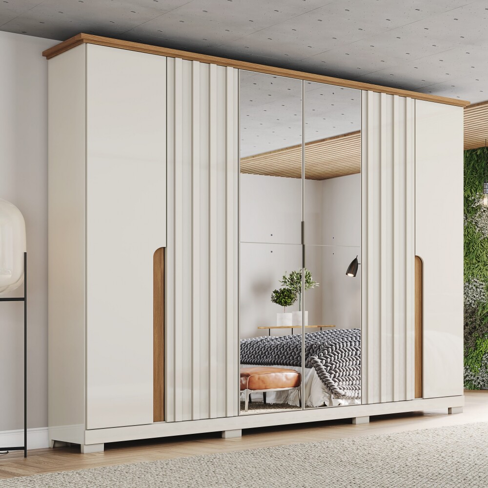 ROPERO NAPOLI 6 PUERTAS 6 CAJONES INTERNOS CON ESPEJO GUARDARROPA CLOSET ARMARIO OFF WHITE