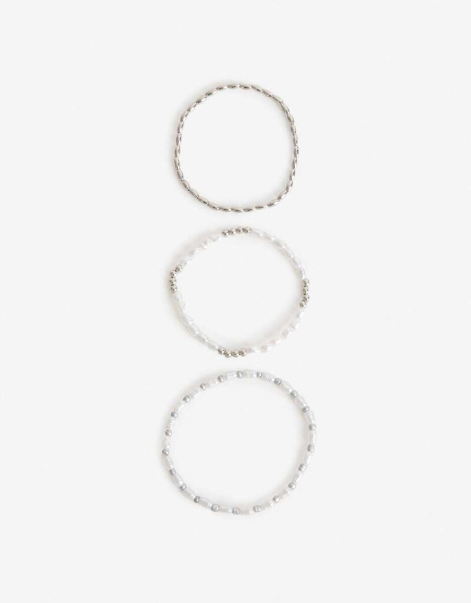 Set Pulseras Perlas Y Metal - Plateado Rodio 