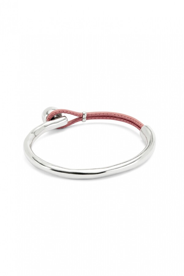 PULSERA SEMIRÍGIDA DE ALEACIÓN DE METALES BAÑADA EN PLATA DE LEY CON CUERO ROSA Pulsera