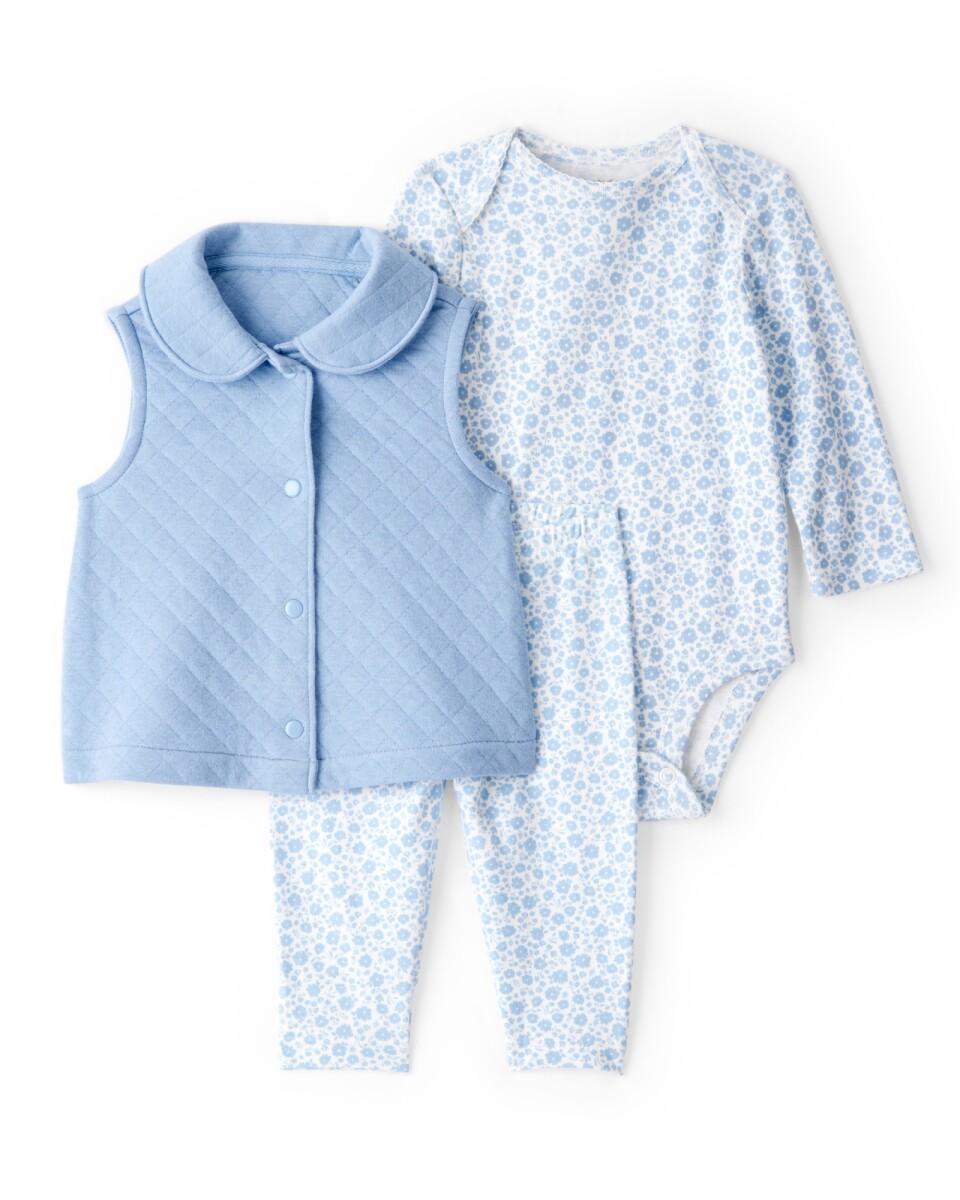 Set tres piezas de algodón, chaleco capitoneado, pantalón y body, azul, diseño floral 